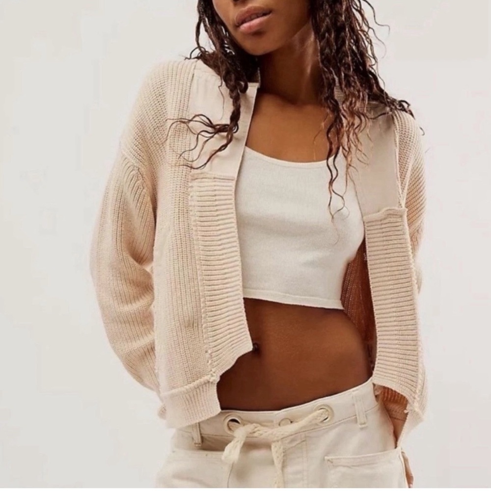 Free People Worn Thru Surplus Cardigan Cropped Cotton Knit Sweater Size S